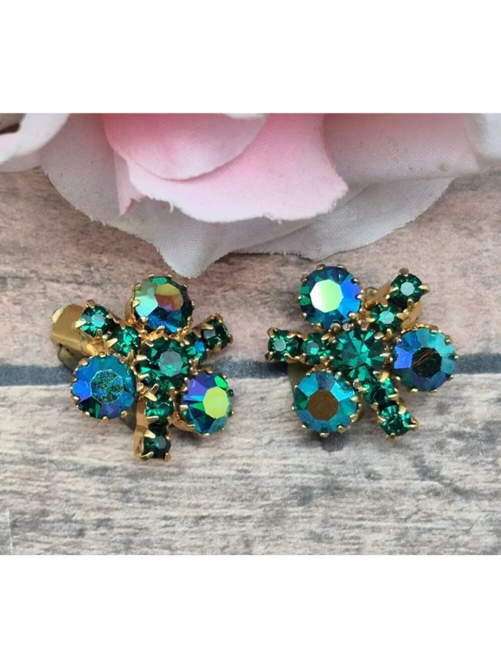 Vintage 50's 60's Signed Austria Green & Blue AB Rhinestone Dainty Clip Earrings